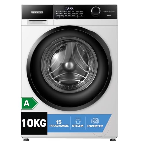 HEINRICHS Waschmaschine HWM-10K, Steam-Funktion, 10kg Mega Kapazität, 15 Programme, 1400 U/min., Aqua-Stop, LED-Display, Endzeitvorwahl, mit Kindersicherung, Inverter Motor, Weiß