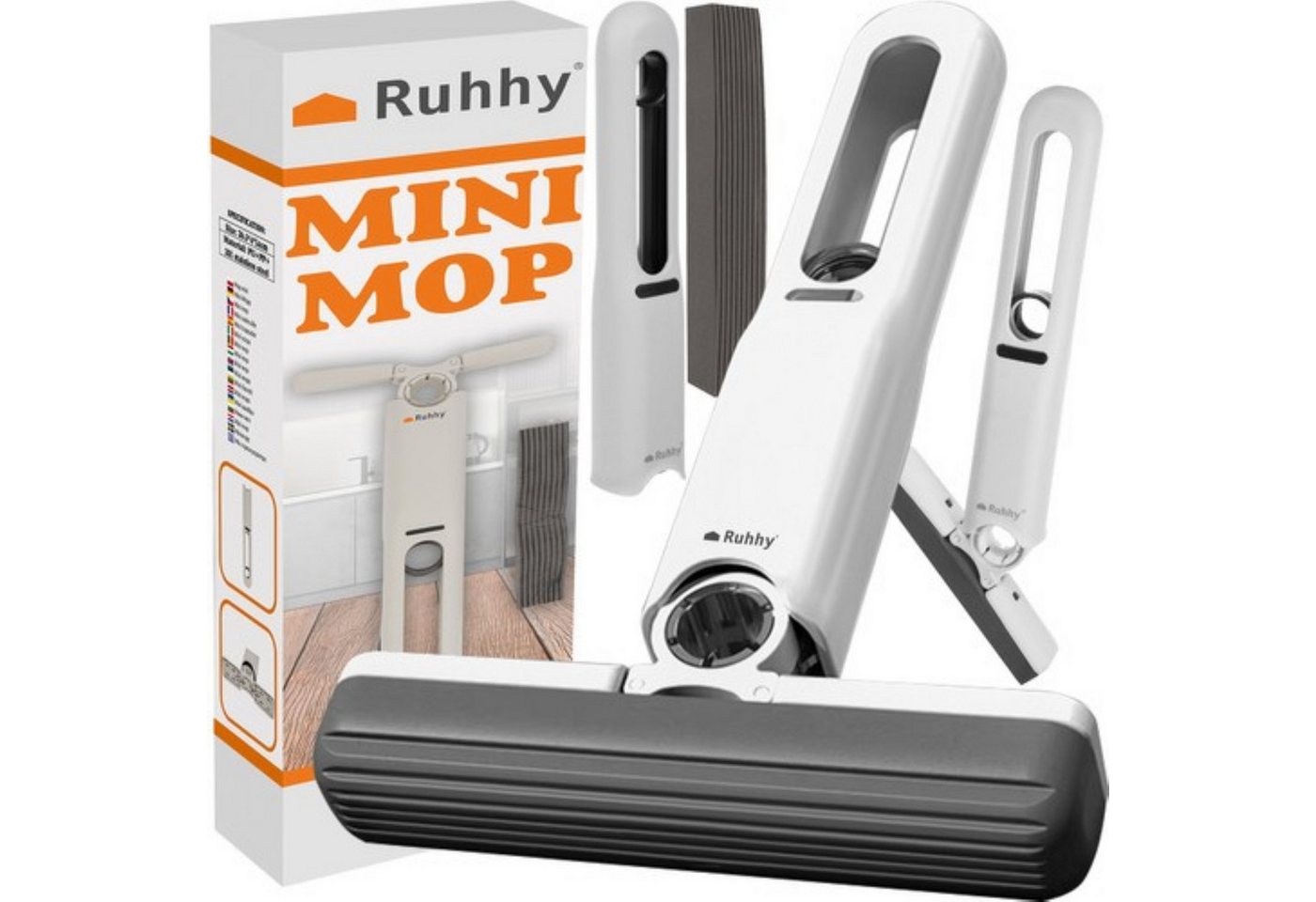 Ruhhy Mini-Mopp mit Wasserpressmechanismus, beweglichem Reinigungskopf und 2 Austauschpads, weiß