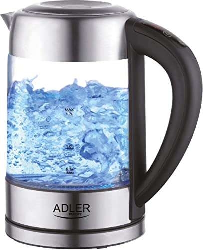 JUNG ADLER AD1247 Wasserkocher mit Temperatureinstellung (60-100°C) Digital, 2200W, Glas mit Edelstahl, 1,7 Liter, LED Innenbeleuchtung mit Farbwechsel, 360° Basis, BPA- Frei