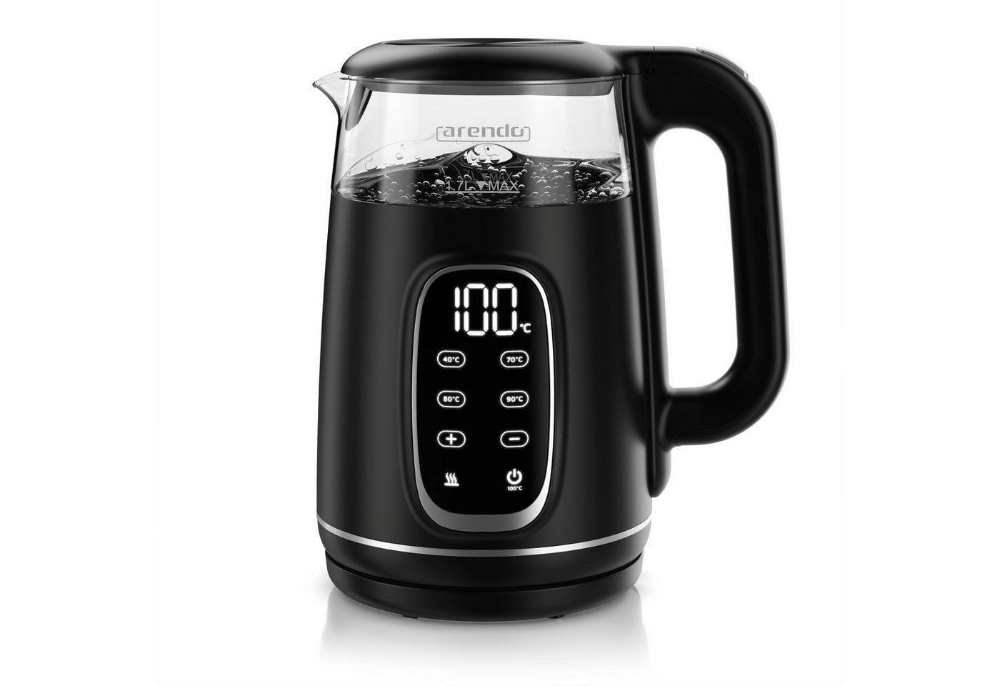 Arendo QUICK TOUCH Wasserkocher, 1,7 l, Glas & Edelstahl, Temperatureinstellung 40°–100°C, Echtzeit-Temperaturanzeige, Warmhaltefunktion bis 120 min, BPA-frei