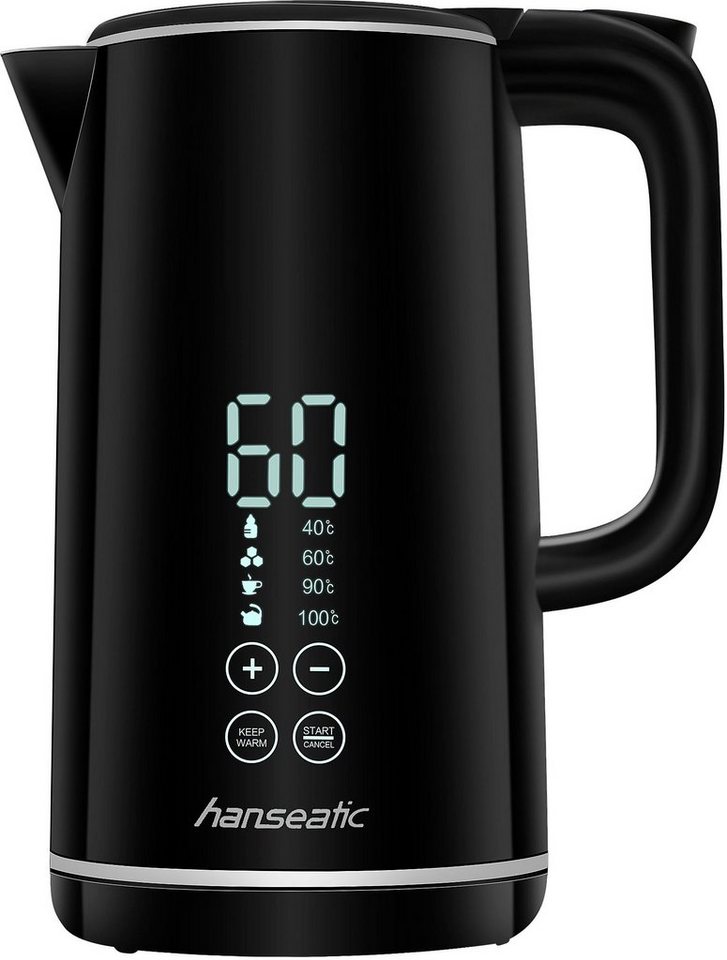 Hanseatic Wasserkocher HWK172200DBD, 1,7 l, 2200 W, schwarz, mit Temperaturvorwahl und extra großem Display