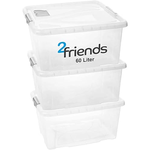 2friends Aufbewahrungsbox mit Deckel Groß, 3er Set 60L, transparente Kunststoffboxen 61cm x 45cm x 30cm, stapelbar, BPA-frei, mit Clipverschlüssen und Lüftungsklappe, ideal für Büro, Küche & Garage