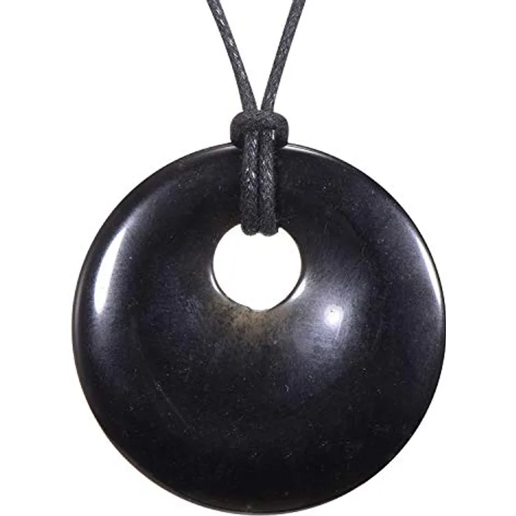 Morella Damen-Halskette 80 cm, runder schwarzer Obsidian Anhänger Ø 4,4 cm, mit Samtbeutel