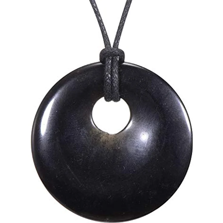 Morella Damen-Halskette 80 cm, runder schwarzer Obsidian Anhänger Ø 4,4 cm, mit Samtbeutel – Bild 1