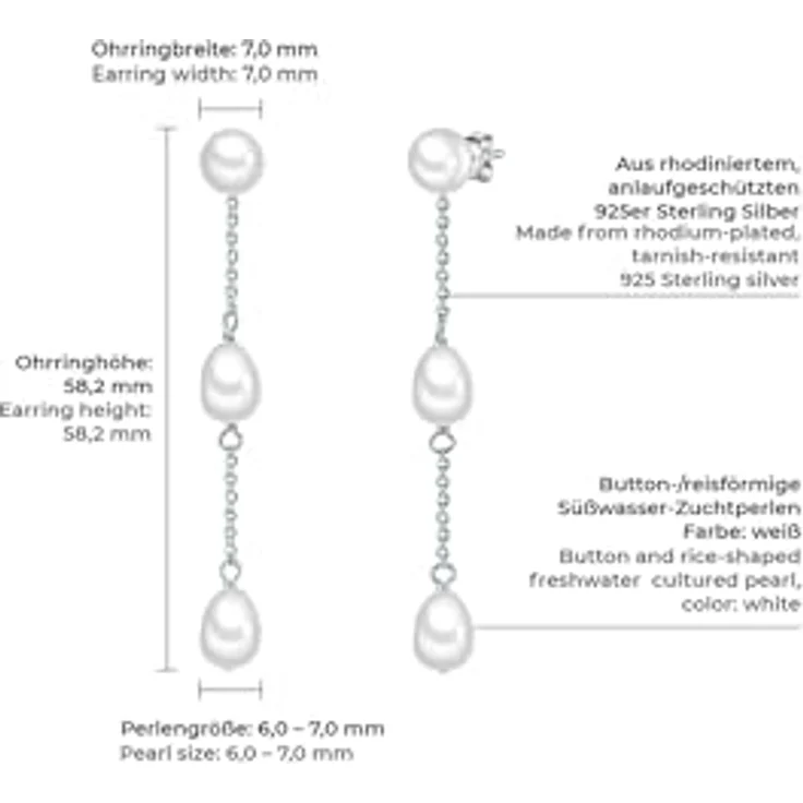Valero Pearls Damen Ohrhänger, 925/- Sterling Silber mit Süßwasser-Zuchtperlen, 58,2 mm, modern und elegant – Bild 2