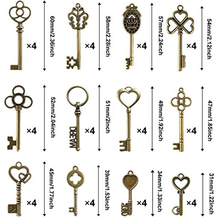 SANNIX Vintage Skelett Schlüssel Set, 48 Stück mit 50 Paar weißen Libellenflügeln und 30m elastischer Kristallschnur für DIY Schmuckherstellung und Dekoration – Bild 2
