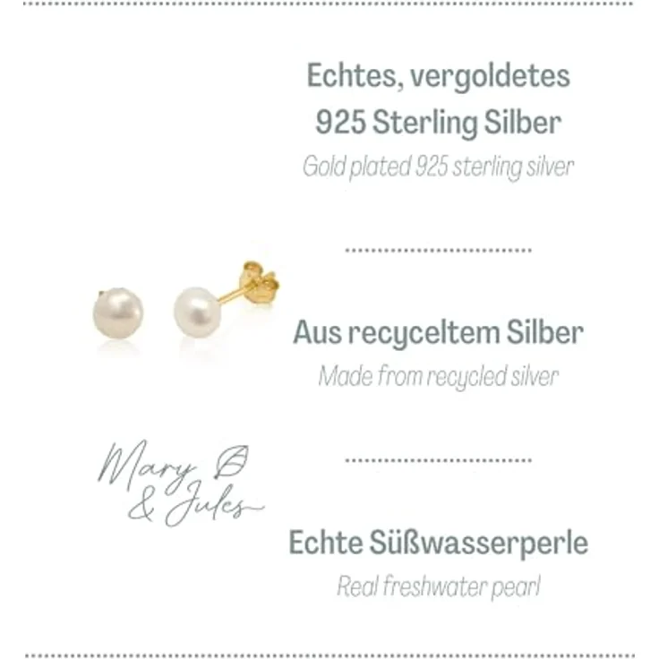 Mary & Jules Gold Perlenohrringe – 925 Sterling Silber vergoldet mit 7 mm echten Süßwasserperlen, recyceltes Silber, hautfreundliche Ohrstecker für Damen & Mädchen – Bild 2