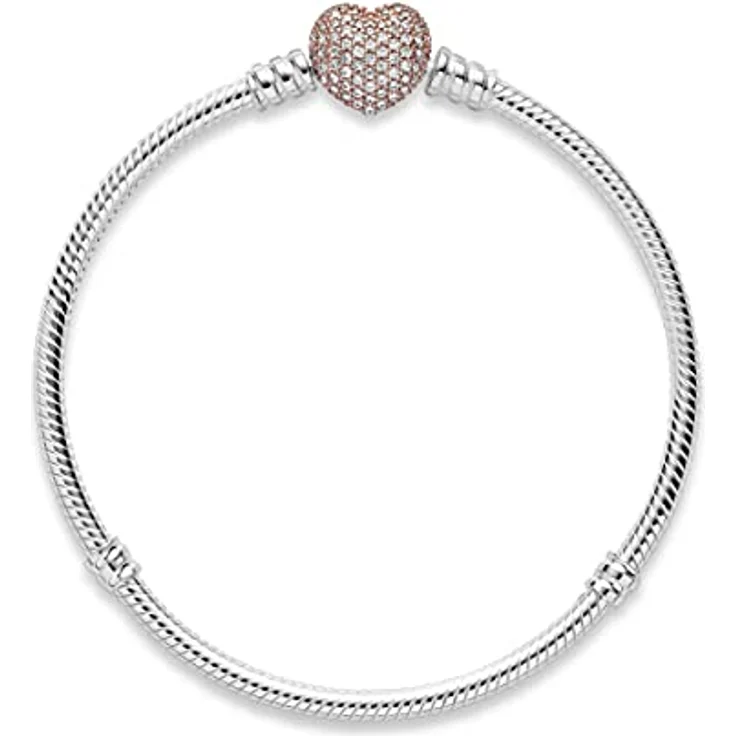 PANDORA Pavé-Herz-Verschluss Schlangen-Gliederarmband, Sterling-Silber mit 14 Karat rosévergoldeter Metalllegierung und Cubic Zirkonia, 18cm, Moments Collection – Bild 3