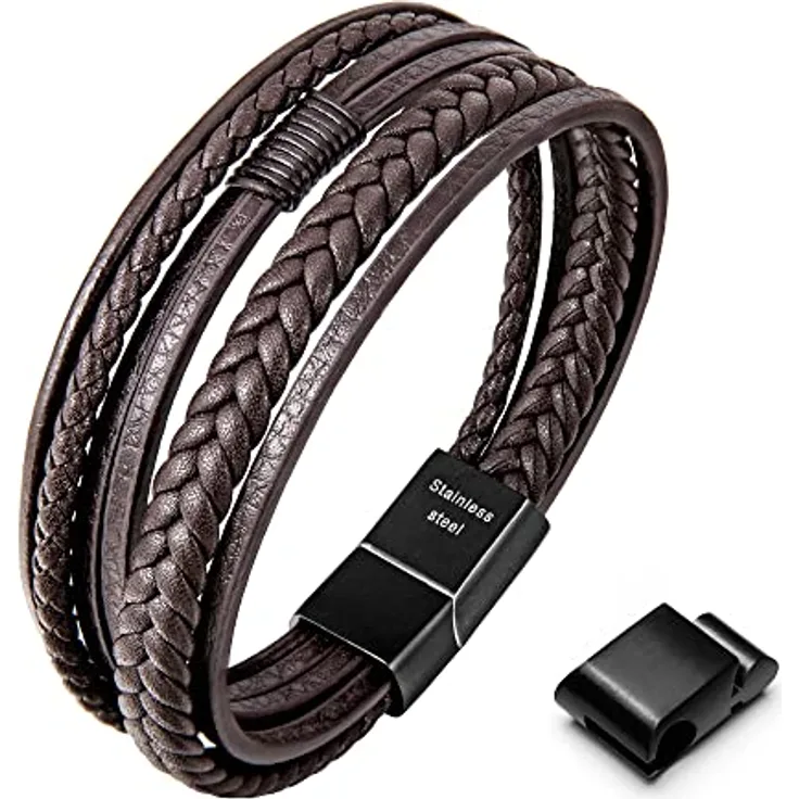 Speroto Lederarmband für Herren, geflochtenes Herren Armband aus Rindsleder und Edelstahl, Braun Style C, 23 cm