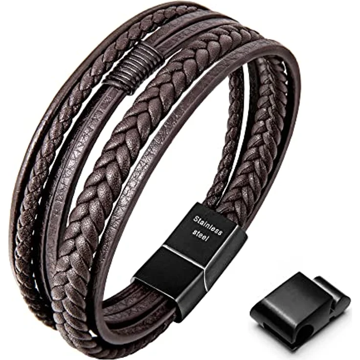 Speroto Lederarmband für Herren, geflochtenes Herren Armband aus Rindsleder und Edelstahl, Braun Style C, 23 cm – Bild 1