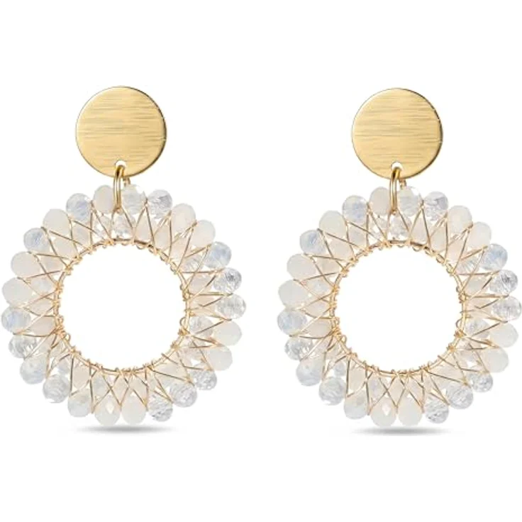 ROISE LADY Boho Statement Ohrringe, Weiß mit runder Form und Kristallweberei, leicht und elegant für Partys und Urlaub – Bild 1