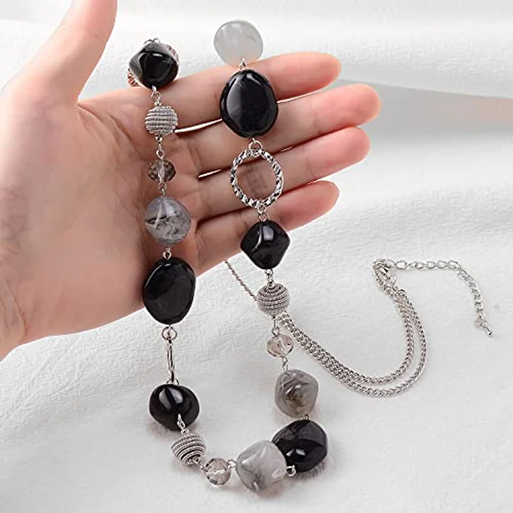 Bulinlin Silber Perlenlange Kette für Damen, Boho Statement Chain, 35+3 Zoll, Schwarz und Grau, Modeschmuck für Geburtstagsgeschenke – Bild 3