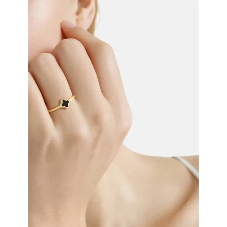Glanzstücke München Fingerring Kleeblatt, Motivring aus Edelstahl in gelbgold mit schwarzem Achat – Bild 4