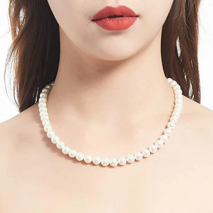Bulinlin Damen Choker Halskette mit Muschel- und Perlenstrang, 8mm weiße Perlen, Geschenk in Geschenkbox – Bild 2