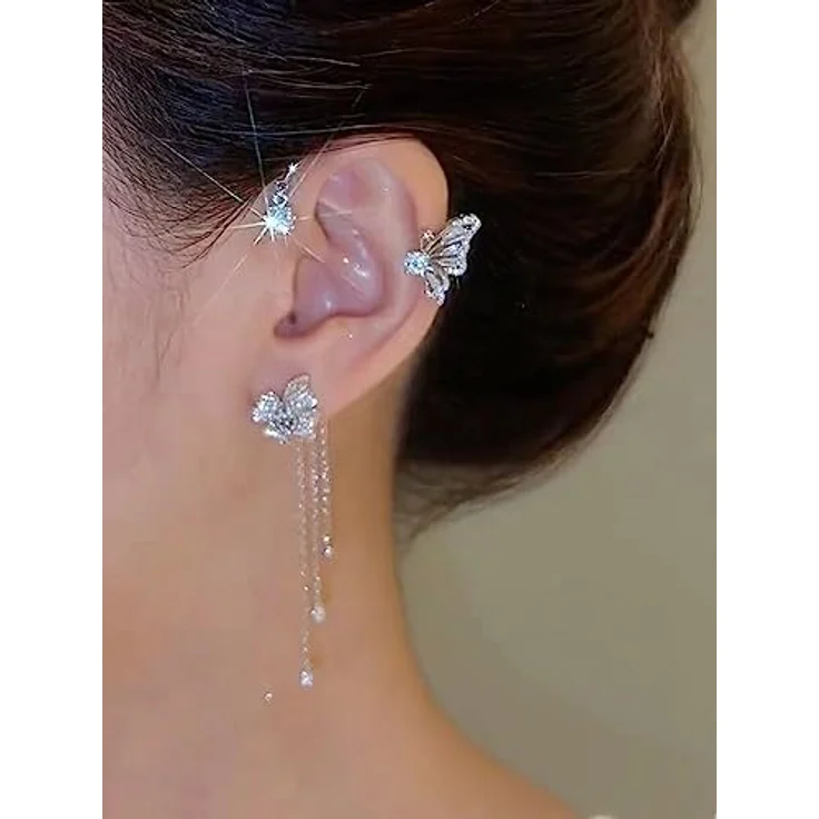 BSLVWG 2 Stück Schmetterling Ohr Manschetten, Silber mit Blumen Quaste und Zirkonen, kein Piercing für Frauen und Mädchen – Bild 2