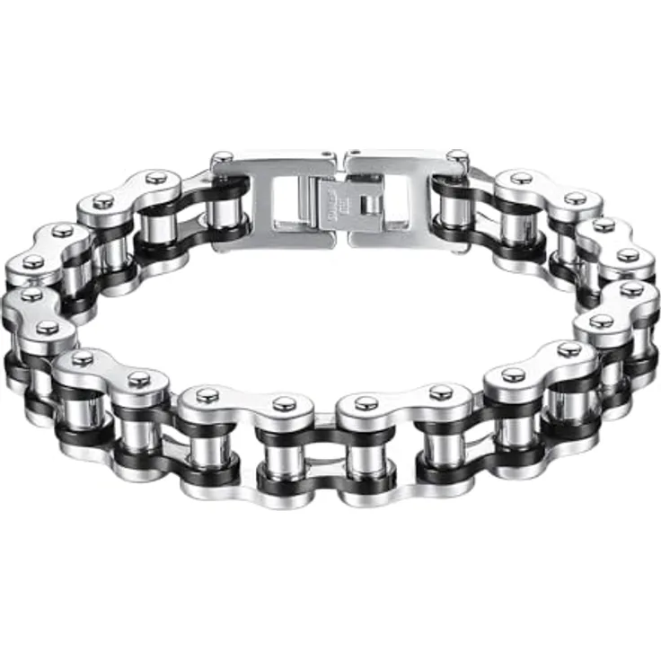 OSTAN Herren Edelstahl Armband, Fahrradkette Biker Gliederkette in schwarz + silber, 21.5 cm Länge, anti-allergisch und hoch poliert