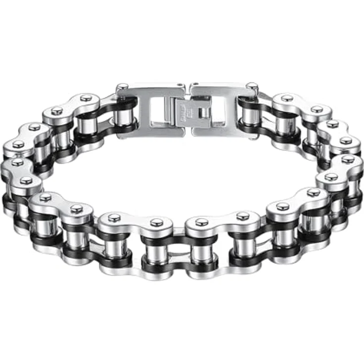 OSTAN Herren Edelstahl Armband, Fahrradkette Biker Gliederkette in schwarz + silber, 21.5 cm Länge, anti-allergisch und hoch poliert – Bild 1