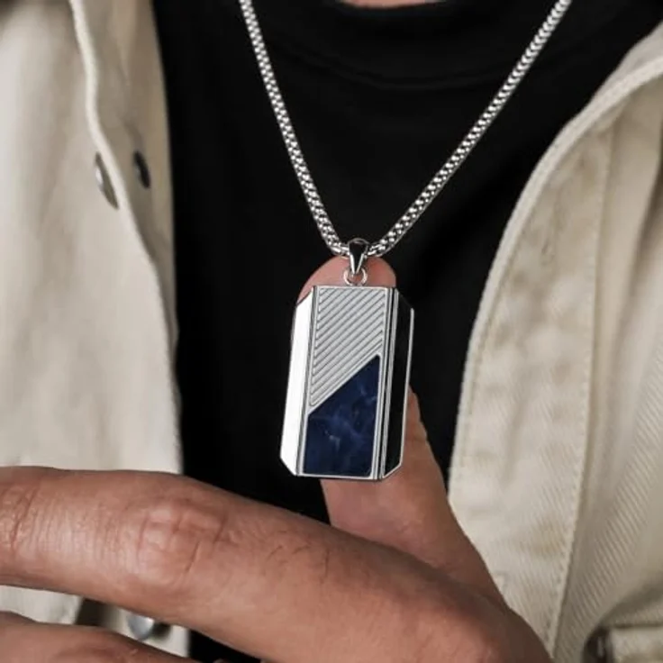 HOLZKERN Herren-Halskette Dog Tag Anhänger aus Edelstahl 316L mit Sodalith-Einlage, 55 cm, Silberfarben, modisch und anpassbar – Bild 5