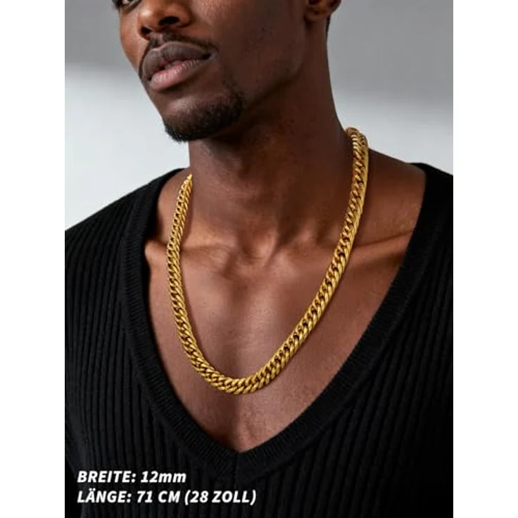 FindChic Herren Gold Panzerkette 12mm, 55cm lang, Cuban Link Edelstahl, allergiefrei mit Geschenkebox – Bild 3