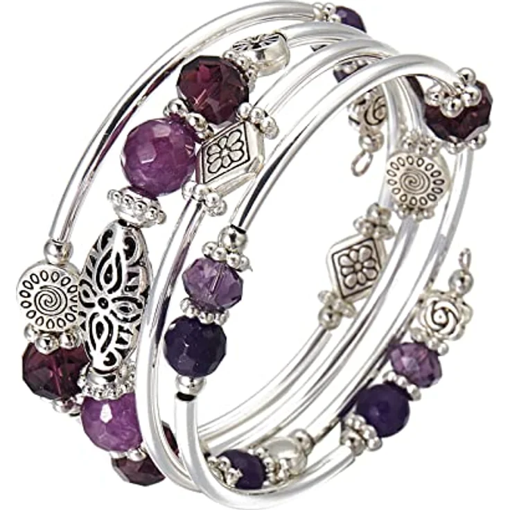 FULU AUTUMN Damen Boho Armband, mehrschichtiges Silber Wickelarmband mit facettierten Glasperlen, Geschenkbox, lila – Bild 5