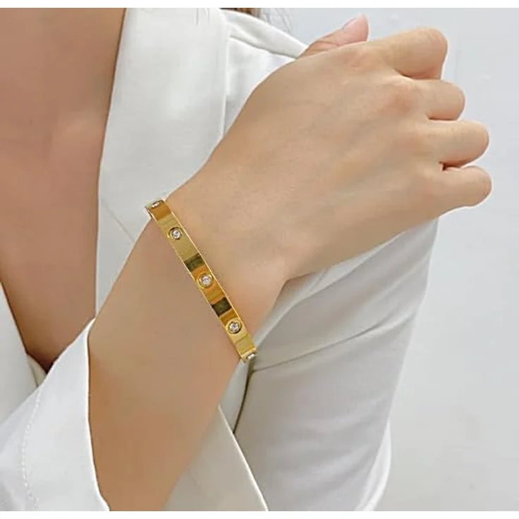 DGUSO Armreif Gold Plattiert 18k, Edelstahl mit kubischen Zirkonia Steinen für Damen, minimalistisch und elegant – Bild 5