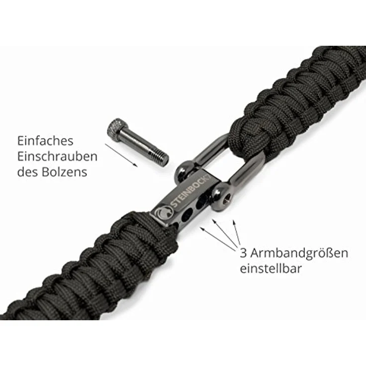 Steinbock7 Paracord Armband Herren Survival – Geflochtenes Outdoor Armband mit Edelstahlverschluss, Verstellbar und Hochwertigem Design, schwarz – Bild 4