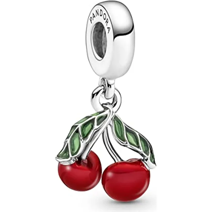 PANDORA Moments Asymmetrische Kirsche Charm-Anhänger aus Sterling-Silber mit transparenten grünen Blättern, kompatibel mit Moments Armbändern, 791583C01