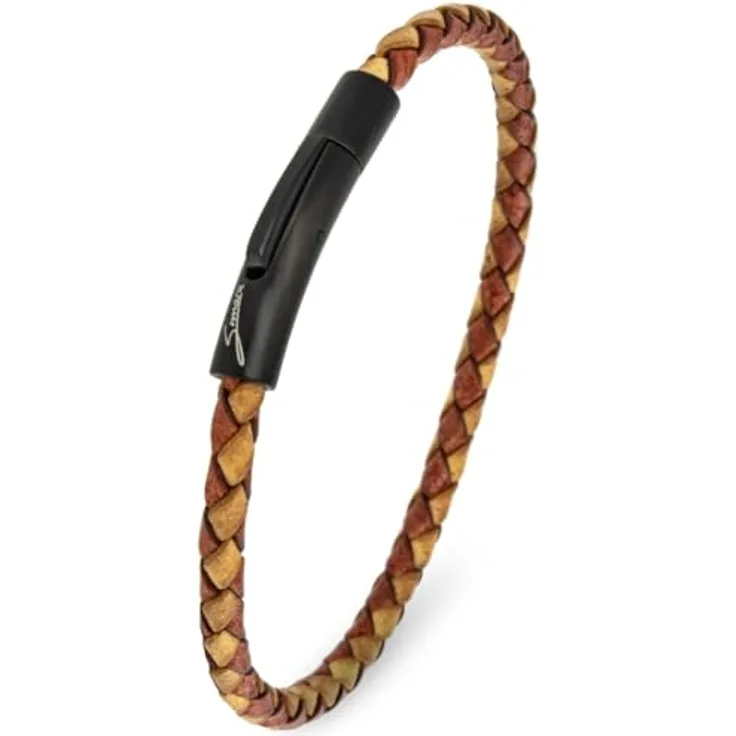 Simaru Lederarmband, 4mm geflochten aus Echtleder mit Edelstahl Hakenverschluss, wasserfest, 21cm Länge, Hellbraun mix
