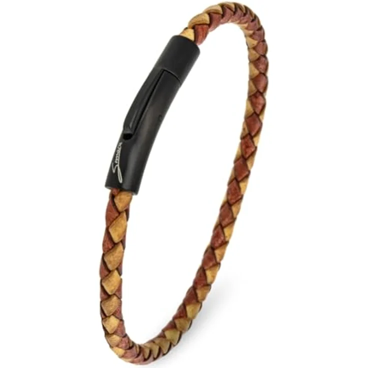Simaru Lederarmband, 4mm geflochten aus Echtleder mit Edelstahl Hakenverschluss, wasserfest, 21cm Länge, Hellbraun mix – Bild 1