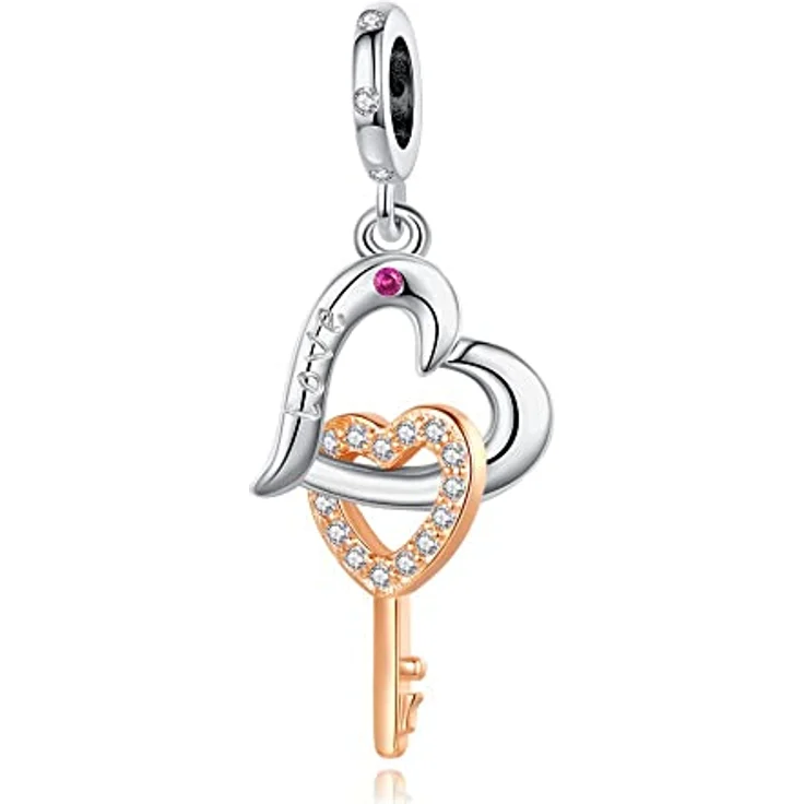 Amuefer Gold Key Heart Charms, 925 Sterling Silber mit Platinbeschichtung und 5A Zirkonia, dangle Charm für Armbänder und Halsketten – Bild 1