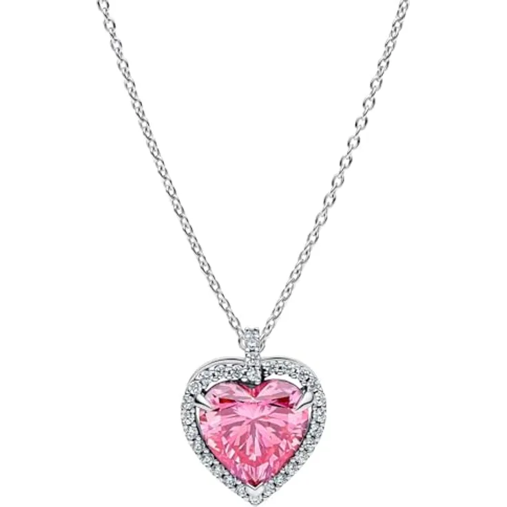 PANDORA Damen-Kette Pinkfarbenes Halo Herz mit Zirkonia, Silber, Karabinerverschluss