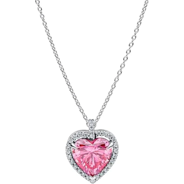 PANDORA Damen-Kette Pinkfarbenes Halo Herz mit Zirkonia, Silber, Karabinerverschluss – Bild 1