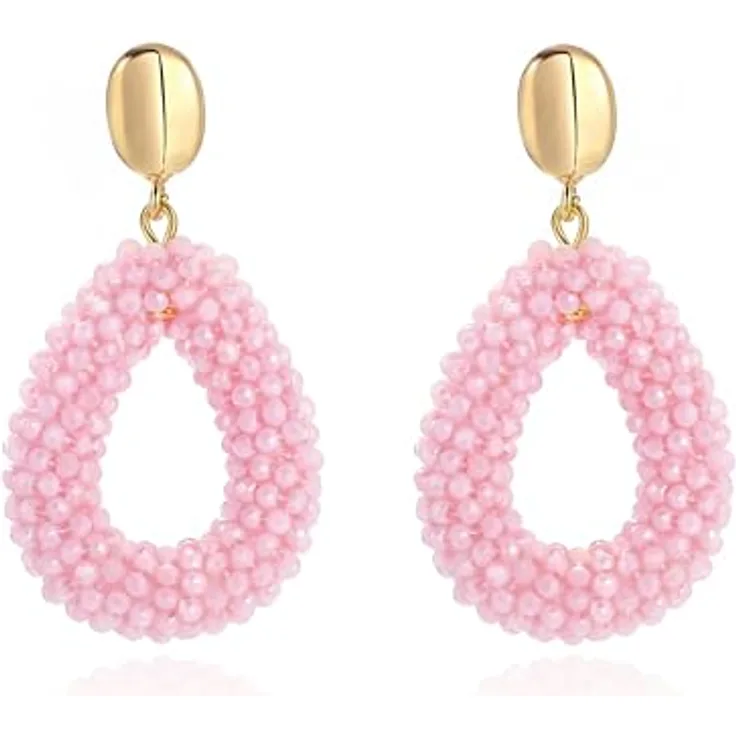 ROISE LADY Pink Boho Ohrringe, Hängend mit tropfenförmigen Reisperlen, Leicht und Elegant für Damen