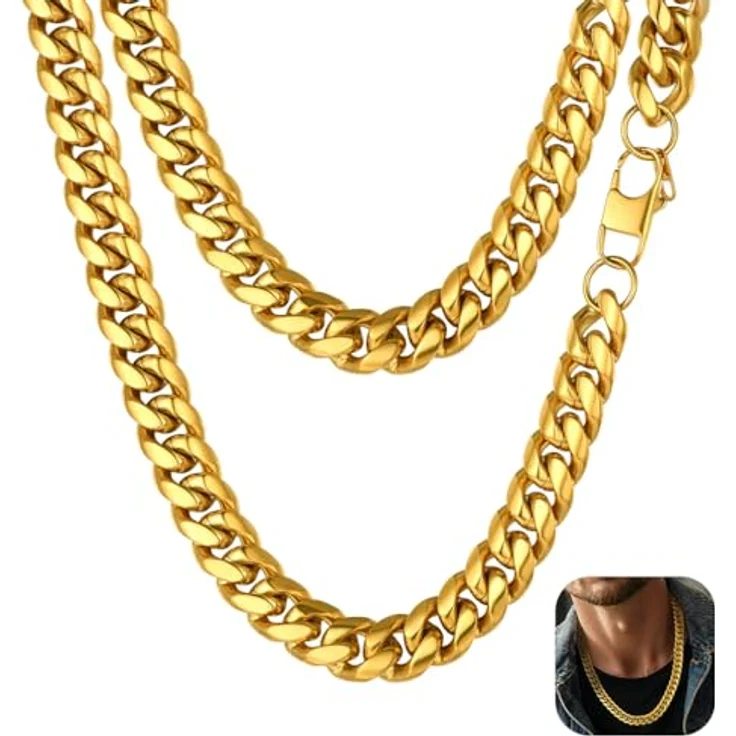 PROSTEEL Herren Hip-Hop Street Style Halskette, 14mm breite 18k vergoldete Panzerkette, 71 cm lang, gold – Bild 1