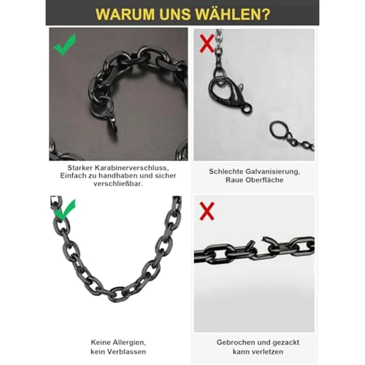 ChainsHouse Rolokette 7mm Schwarz, Herren Halskette aus 316L Edelstahl, 71cm Länge, Punk O-Kette Ankerkette mit Karabinerverschluss – Bild 5
