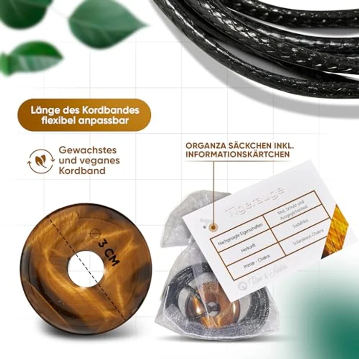 PURAJA Tigerauge Donut Anhänger aus echtem Edelstein, Heilstein Kette mit hochwertigem Kordband, vielseitig einsetzbar als Talisman und Glücksbringer – Bild 4