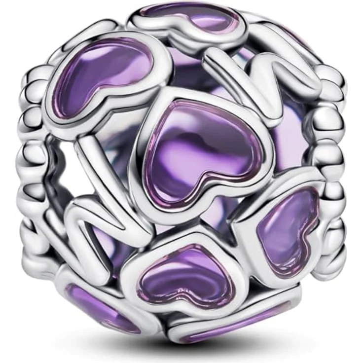 PANDORA Moments Offen gearbeitete Herzen Mum-Charm, Sterling Silber mit lila Emaille und „MOM“-Prägung, kompatibel mit Moments Armbändern, 793772C01 – Bild 3