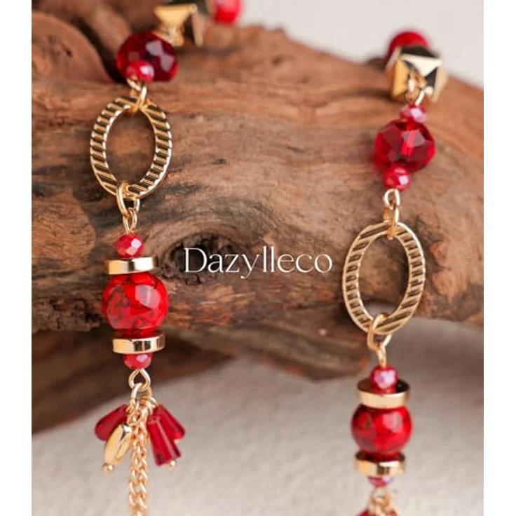 Dazylleco Lange Gold Perlenkette Damen Boho Halskette mit Natursteinen und Holzperlen, 90cm, dunkelrot – Bild 5