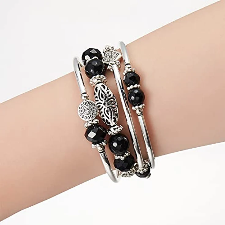 FULU AUTUMN Damen Boho Wickelarmband, mehrschichtiges Perlen Armband mit silbernen Akzenten, Geschenkidee für Frauen, Farbe Schwarz – Bild 4