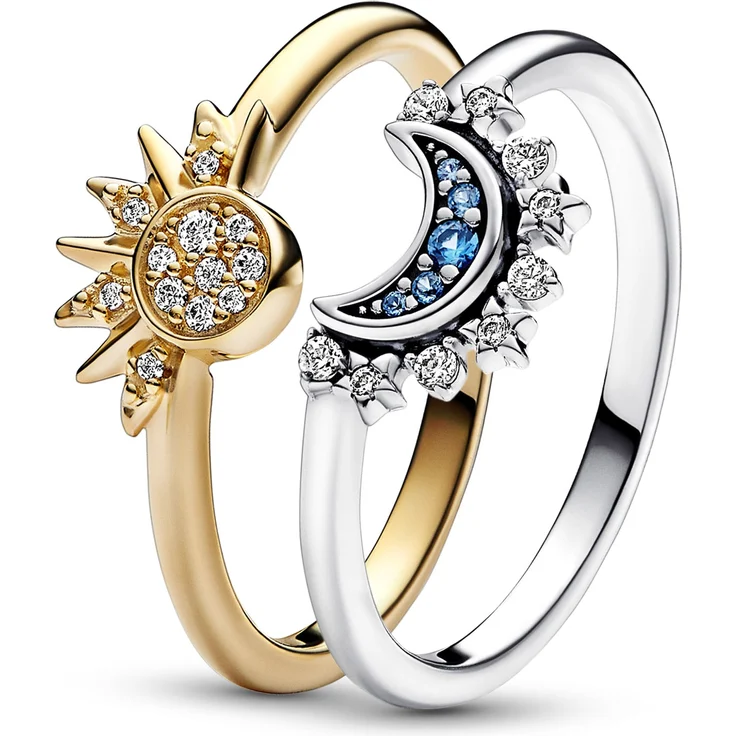 Pandora 15855 Ring-Set Himmlisch Funkelnd, Sonnenring goldplattiert mit Zirkonia und Mondring aus 925 Sterlingsilber mit blauen Kristallen, Größe 52/16,6