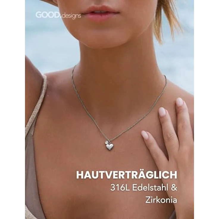 GD GOOD.designs Silberne Herzkette mit Zirkonia-Anhänger | Verstellbare Halskette aus 316L Edelstahl für Damen (42-47 cm) – Bild 2