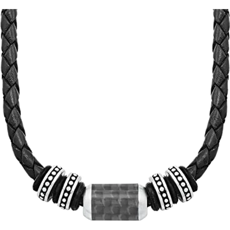s.Oliver Halsband Edelstahl Carbon/Leder Herren Halsschmuck, 47+3 cm, Schwarz, mit Karabinerverschluss, Geschenkbox, 2026107