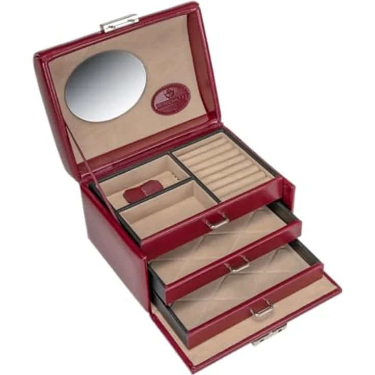 Windrose kleiner Schmuckkoffer Merino Moda, Handgefertigt in roter Lederoptik mit optimaler Schmuckorganisation – Bild 5