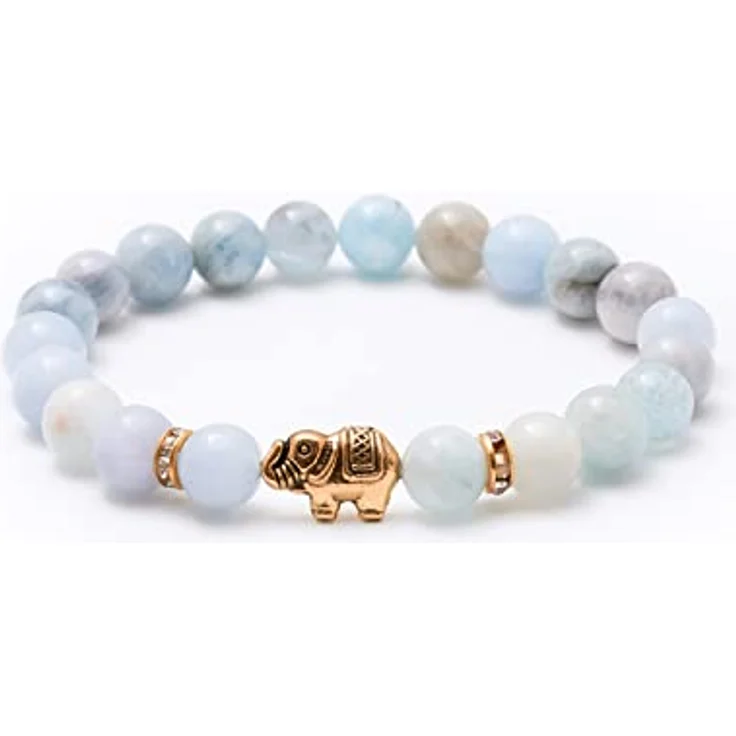 BERGERLIN Aquamarin Armband mit echten Naturstein Perlen, Elefant und elastischem Band, in verschiedenen Größen erhältlich – Bild 1