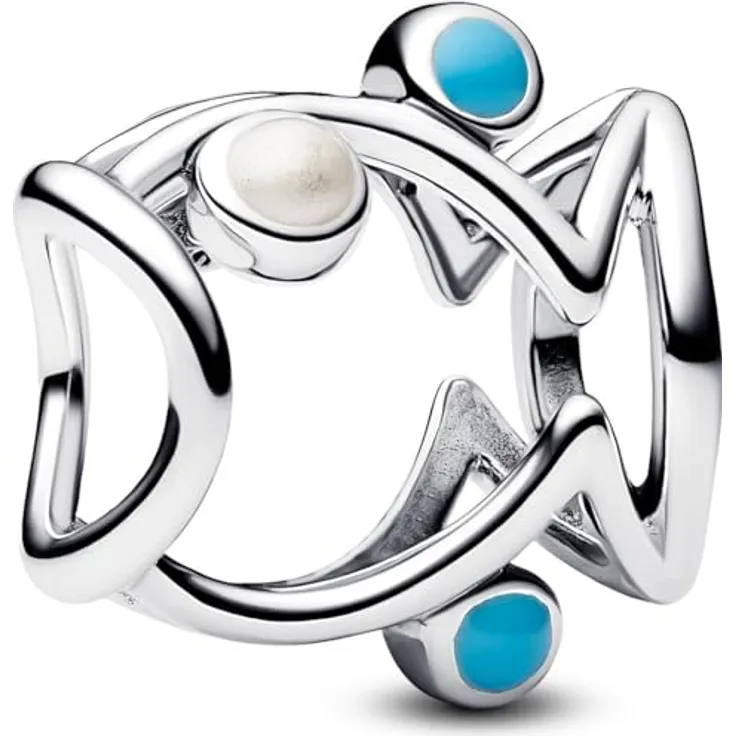 Pandora 793819C01 Charm Silber Fisch, Bead-Charm aus 925 Sterlingsilber mit weißer und türkisfarbener Emaille, Größe 11 x 11 mm