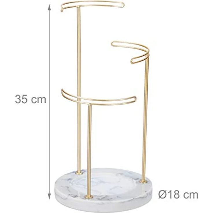 Relaxdays Schmuckständer, Marmor Ablage mit 3 Metall Stangen für Ketten, Ohrringe und Armbänder, 35x18 cm, gold – Bild 4