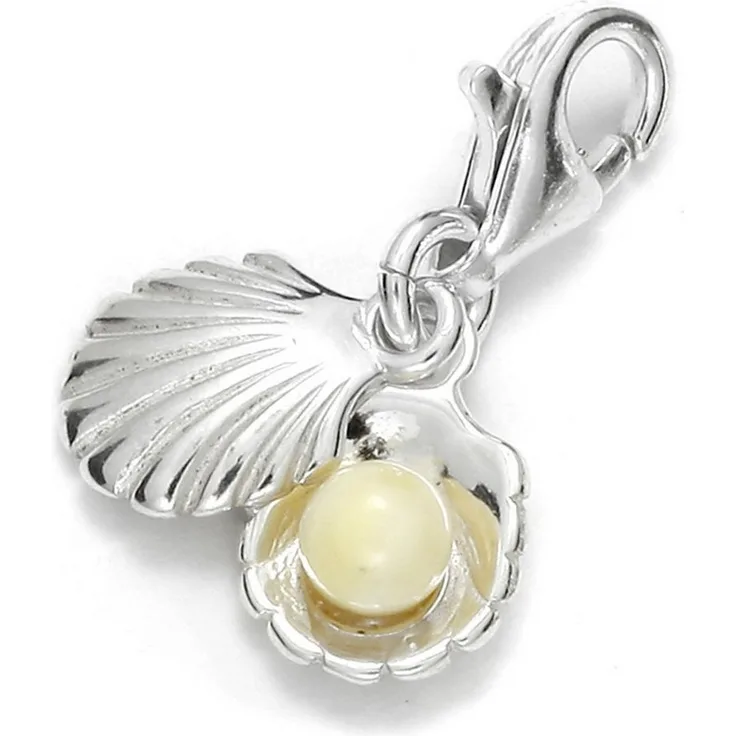 OSTSEE-SCHMUCK Charm-Einhänger Muschel, Kettenanhänger aus Sterlingsilber 925/000 mit gelber Bernsteinkugel, 4 mm
