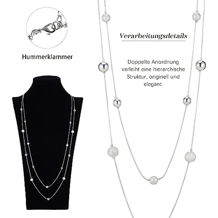FULU AUTUMN Damen Statement Kette, Lange Perlenkette Silber, Zwei Strang Modeschmuck Halskette, anpassbare Längen 39"-43" – Bild 5