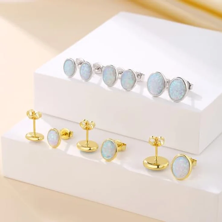 Jiahanzb Opal Ohrringe 925 Sterling Silber, ovale hypoallergene Ohrstecker mit 7 mm weißen Opalen, vergoldet – Bild 3
