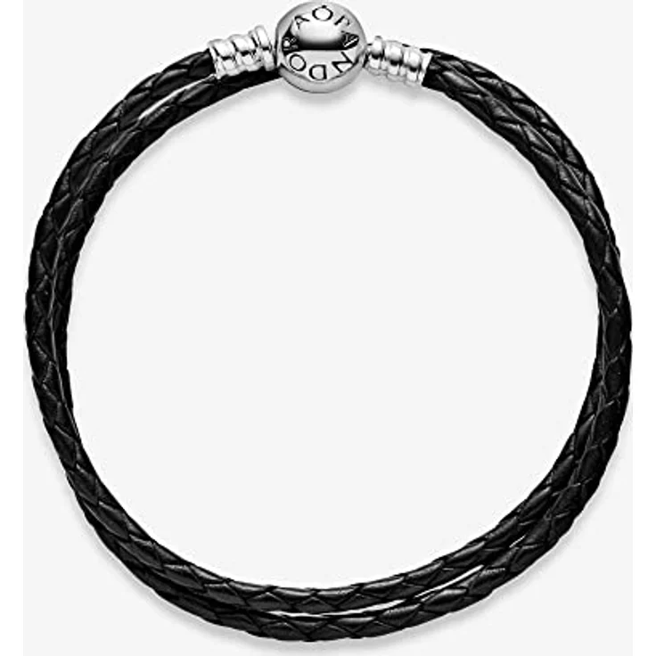 PANDORA Moments Doppeltes Schwarz Lederarmband mit geprägtem Kugelverschluss aus Sterling-Silber, Größe: 38cm, vielseitig kombinierbar – Bild 5